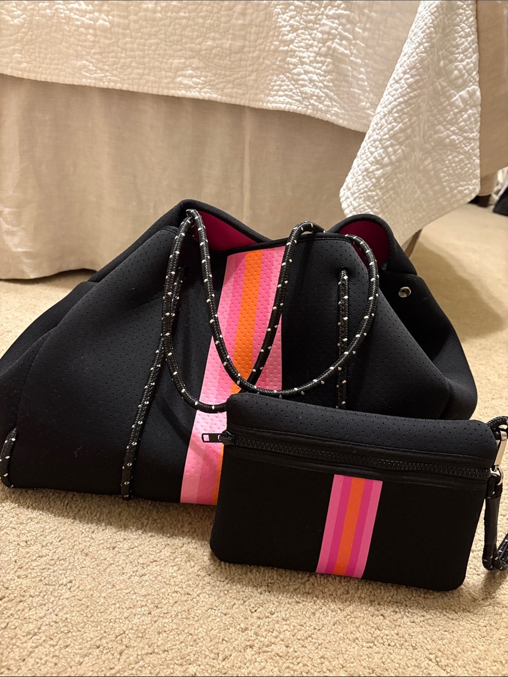 HAUTE SHORE Black Neoprene Tote with Pink & Orange Stripe Accent